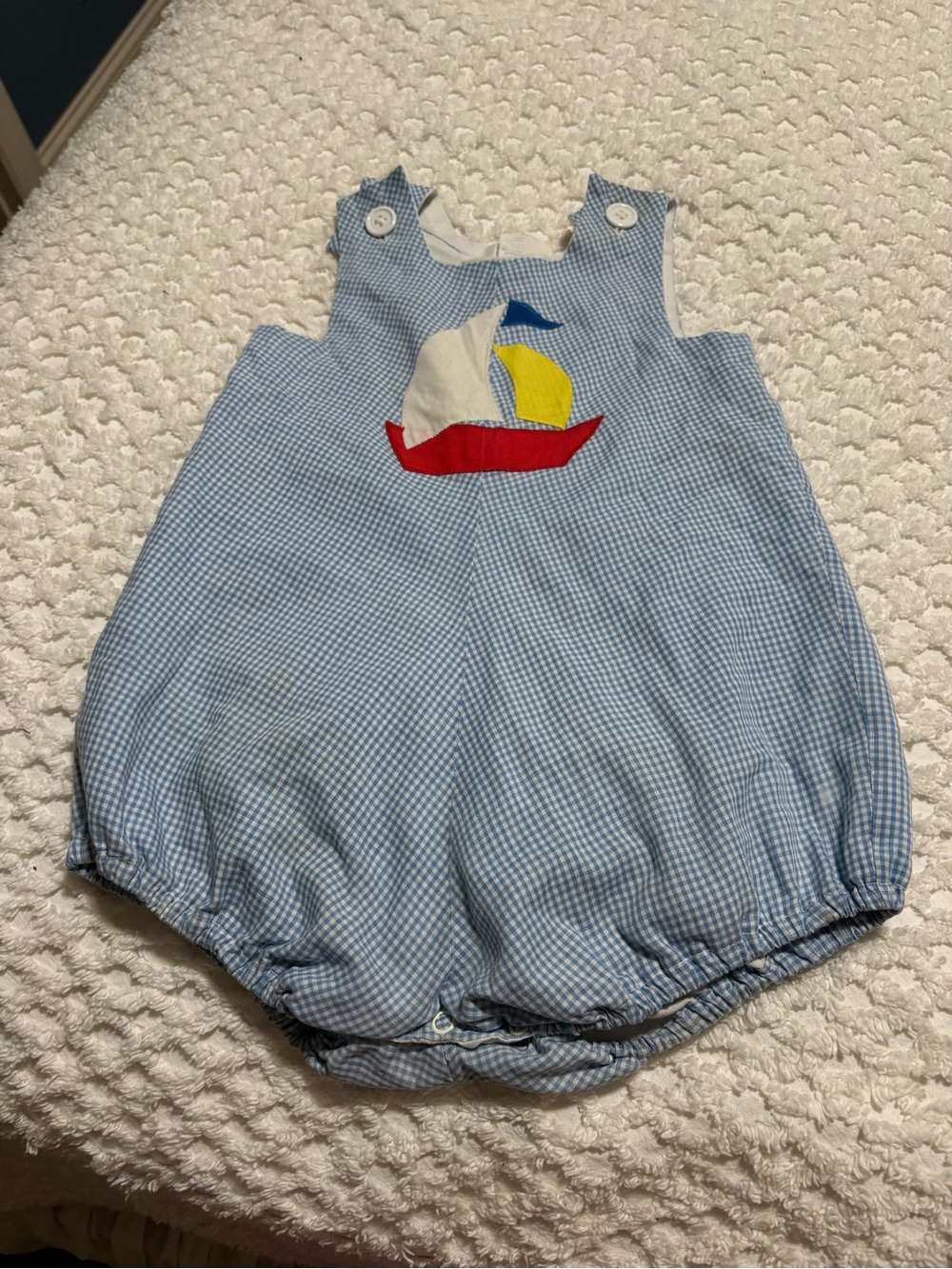 Vintage Source Unknown Blue Gingham Sailboat Baby One-Piece